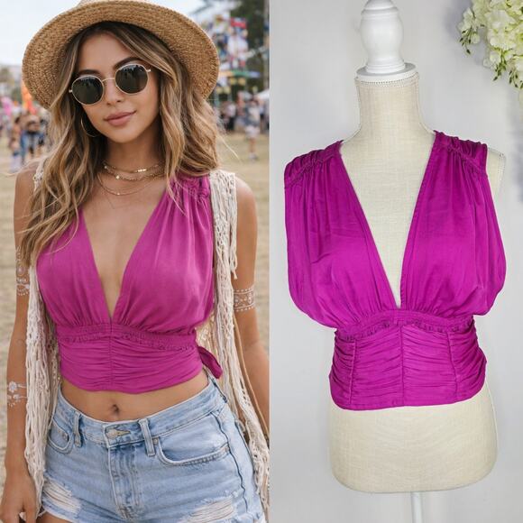 Free People Tops - New Free People Crop Top Medium Satin Purple Ruched Tie Back Boho Y2K Festival